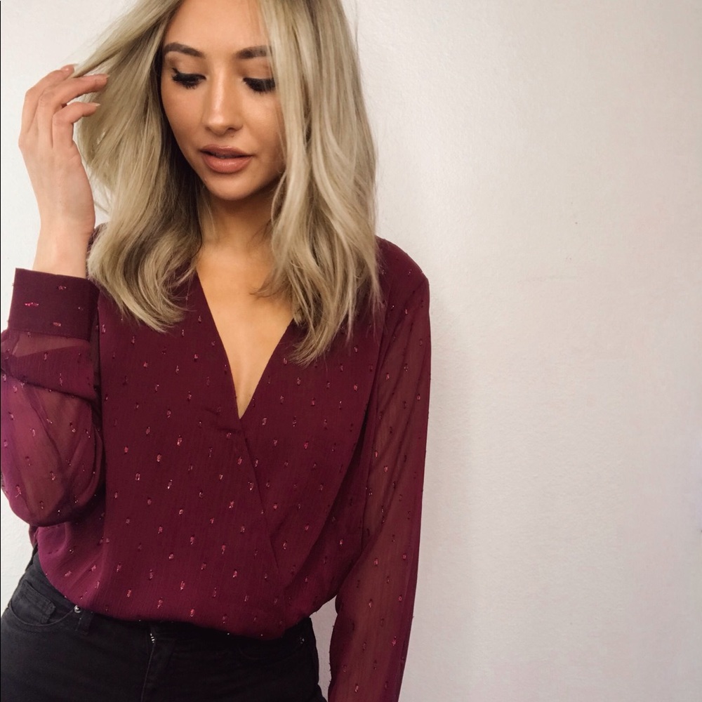 Merlot Burgundy sheer wrap blouse - Picture 2 of 6